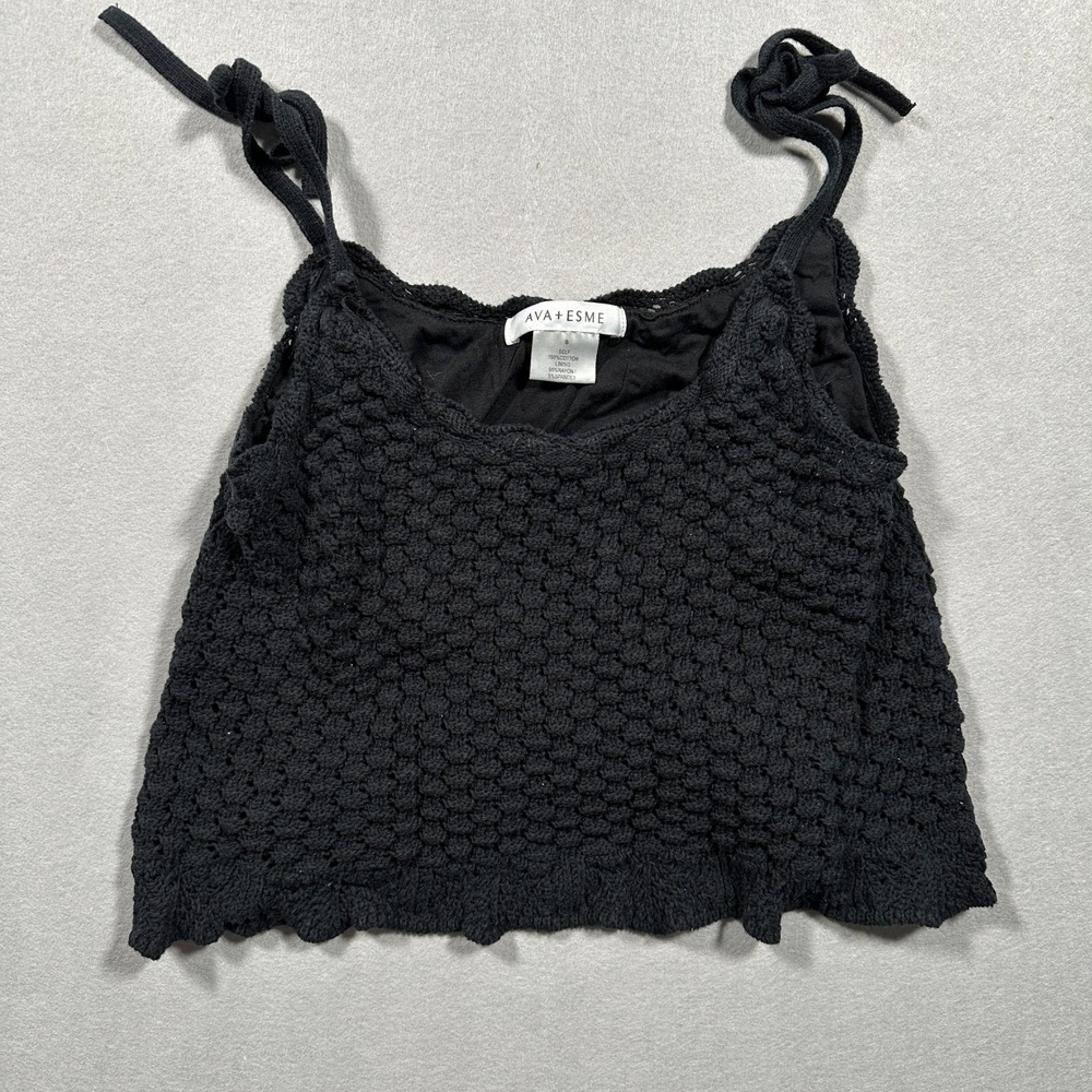 Ava + Esme Black‎ Crochet Tie Shoulder Crop Top Womens Small Cotton Knit Boho